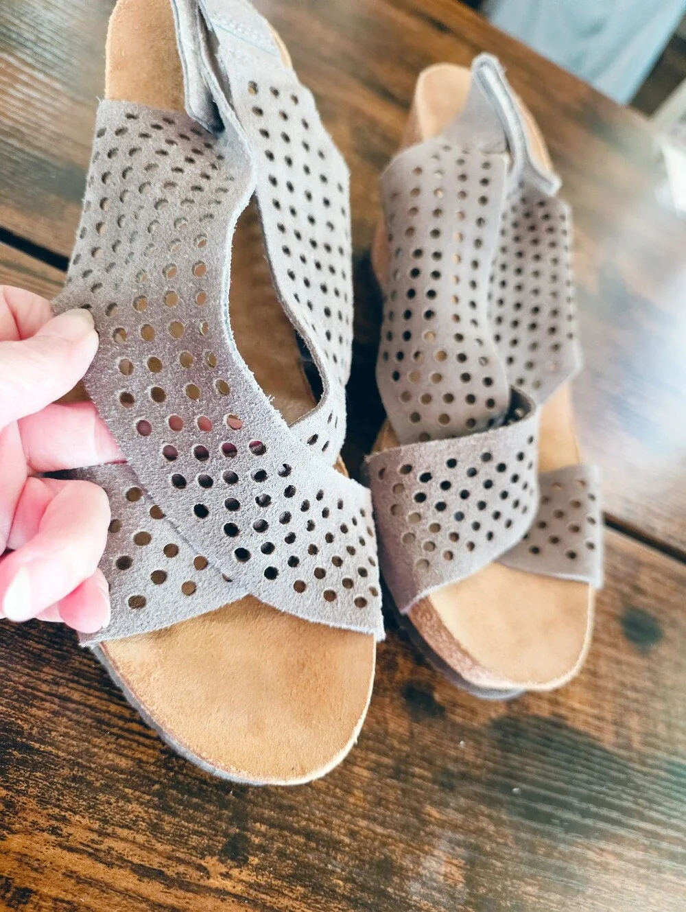 Mila Paoli Italy Gray Suede Leather Cork Wedge Sandals 8.5 Boho Cutout